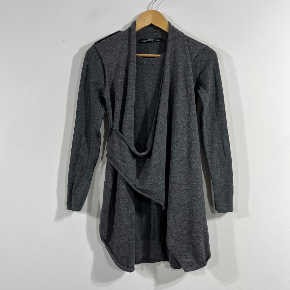 AllSaints Quiet Luxury Heritage Draped Asymmetric Zip Cardigan Sweater Womens 2
